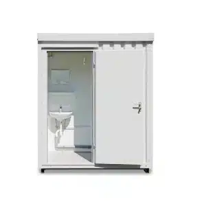 Douche container van de voorkant met een open deur