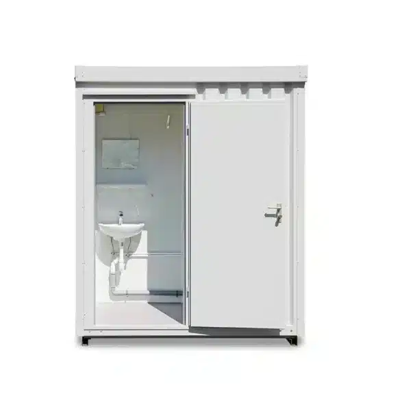 Douche container van de voorkant met een open deur