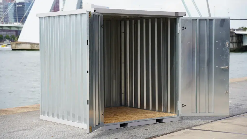 2x2 opslagcontainer met dubbele deuren aan de korte zijde gegalvaniseerd.
