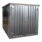 Een grijze container van gegalvaniseerd staal met een enkele deur aan één van de korte zijden, zonder achtergrond.