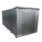 Een grijze gegalviniseerde container met enkele deur op de korte kant zonder achtergrond